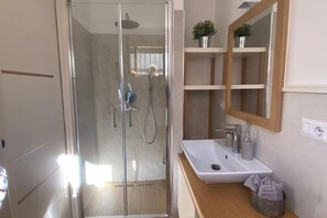 Shower, hair dryer, bidet, towels