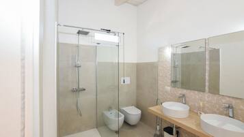 Shower, hair dryer, bidet, towels