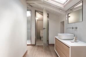 Bathroom features a sleek vessel sink, large mirror, and glass door leading to a shower area.