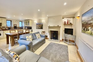 Smart TV, chimenea y libros 