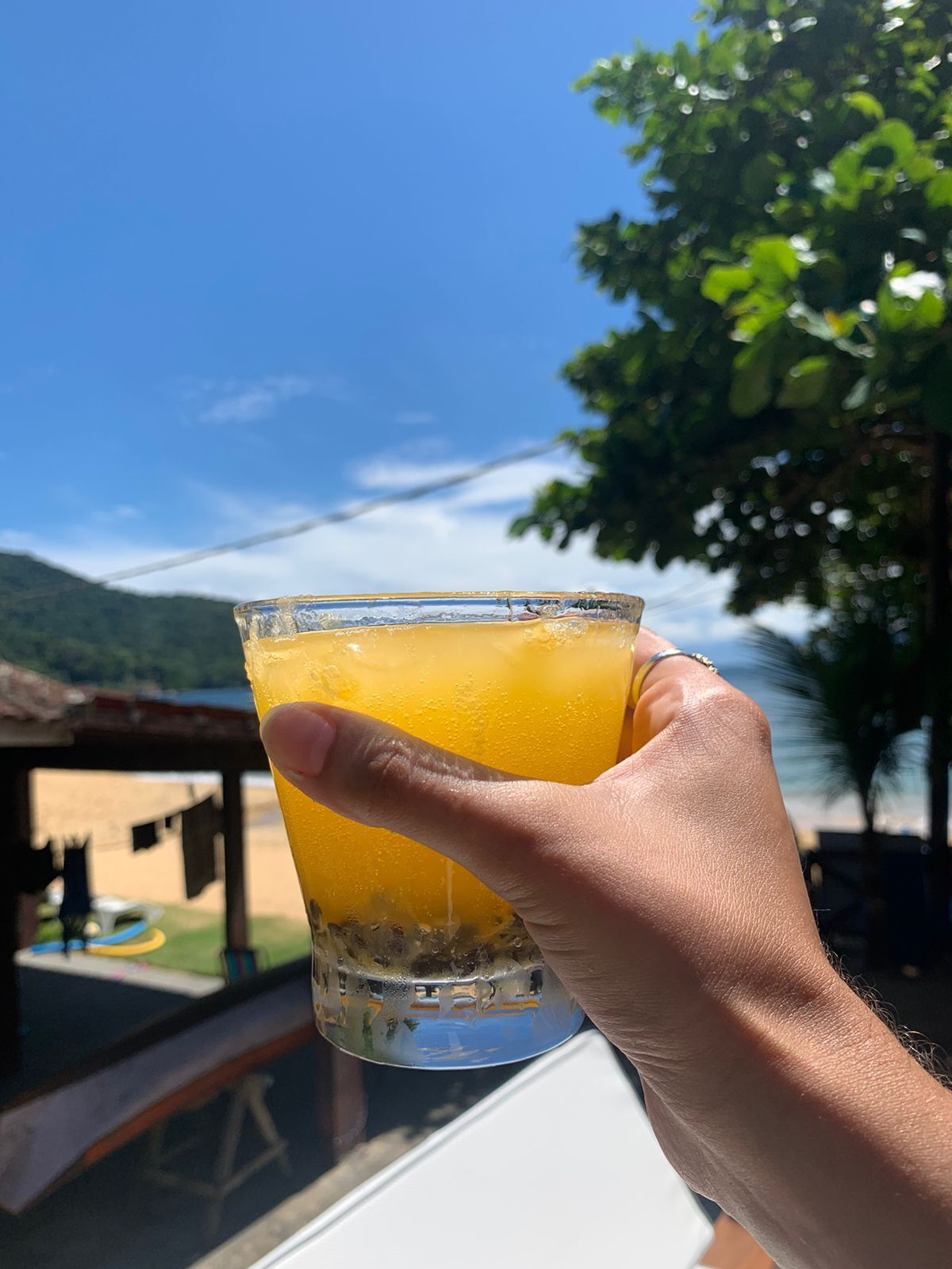 Una mano sosteniendo un vaso de jugo de naranja, con una playa y montañas visibles al fondo.