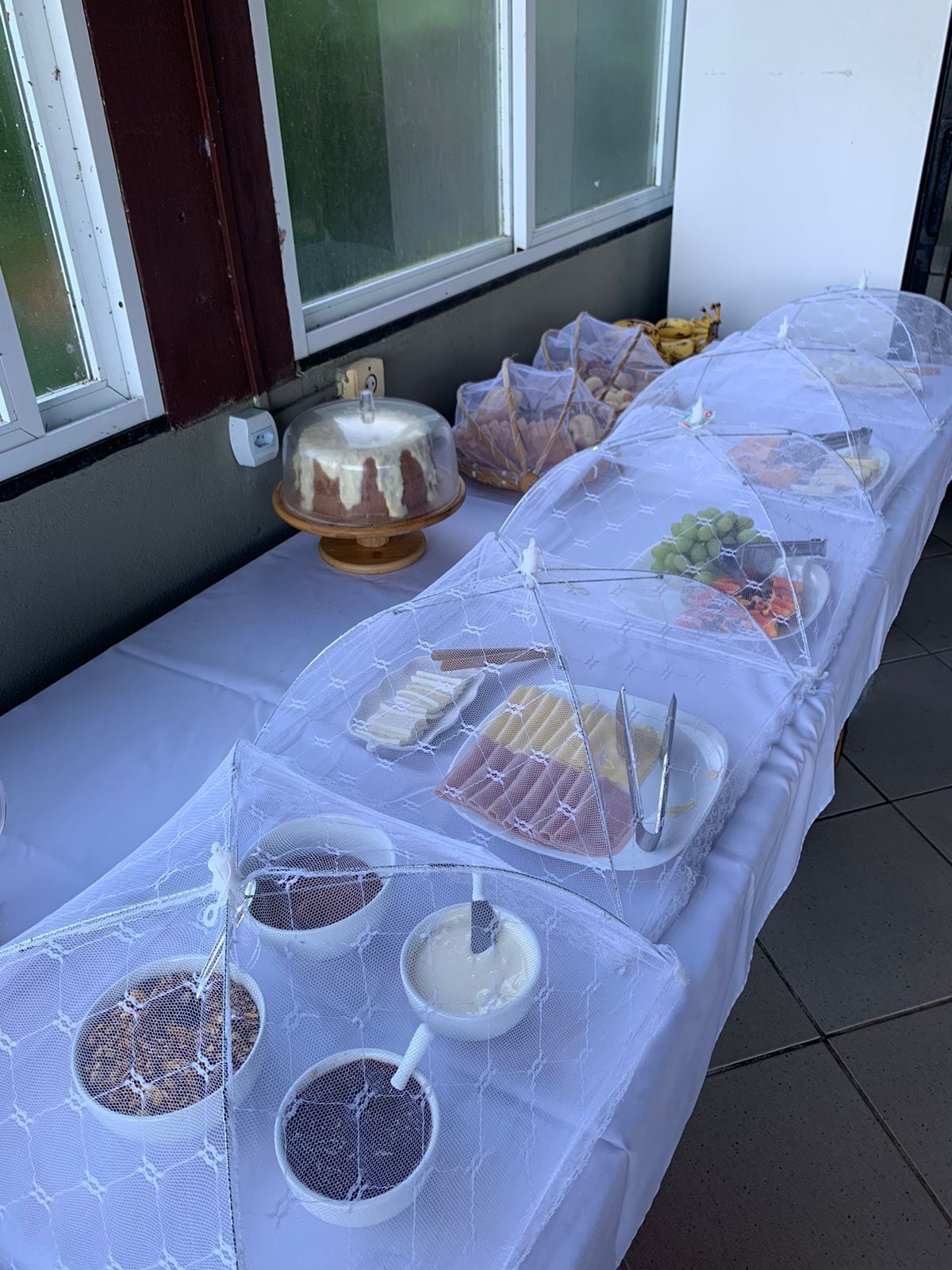 Una mesa de buffet con diversos alimentos cubiertos por una red protectora.
