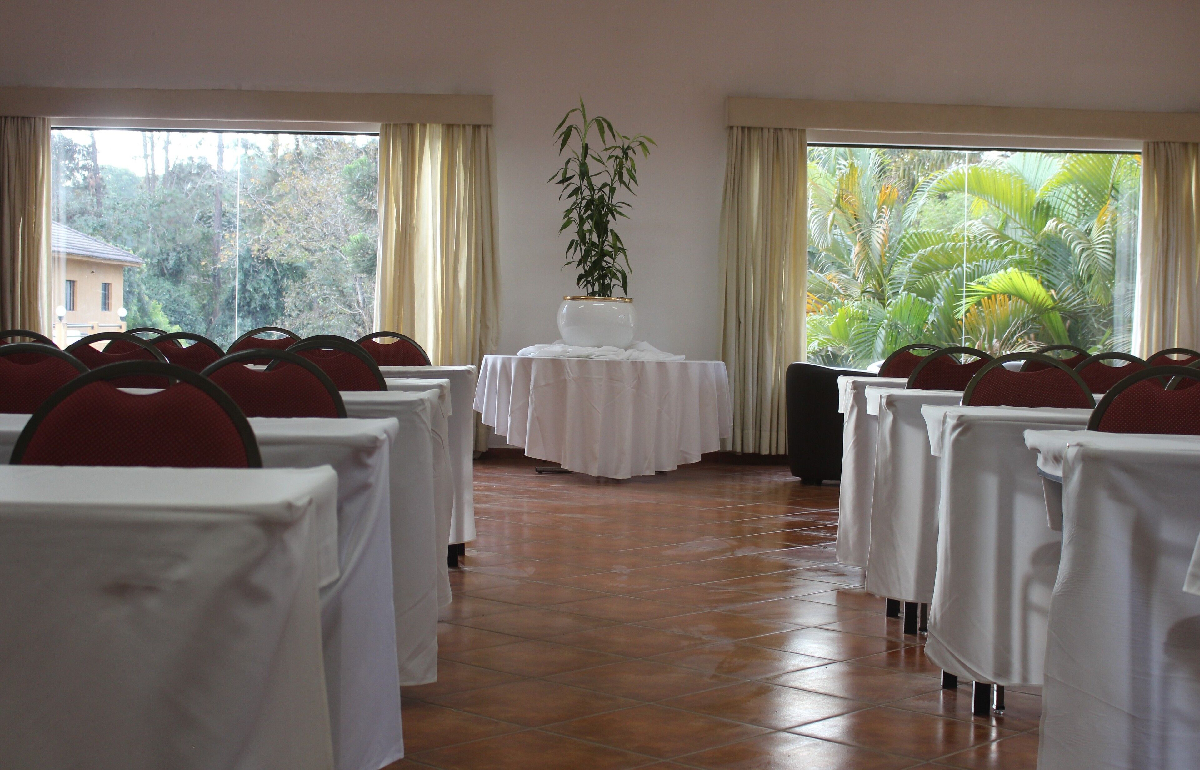 A conference room with rows of tables and chairs, a potted plant, and a view of greenery through large windows.