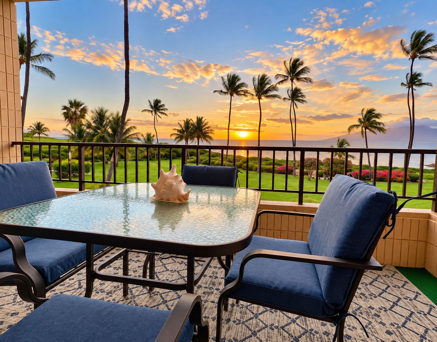 A balcony with a glass table, two blue cushioned chairs, and a decorative shell centerpiece.