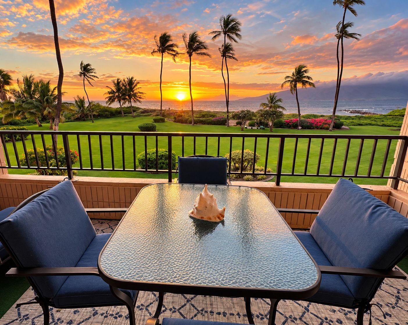 Een balkon met een glazen tafel en twee blauwe stoelen, met uitzicht op een verzorgd gazon en een zonsondergang boven de oceaan.