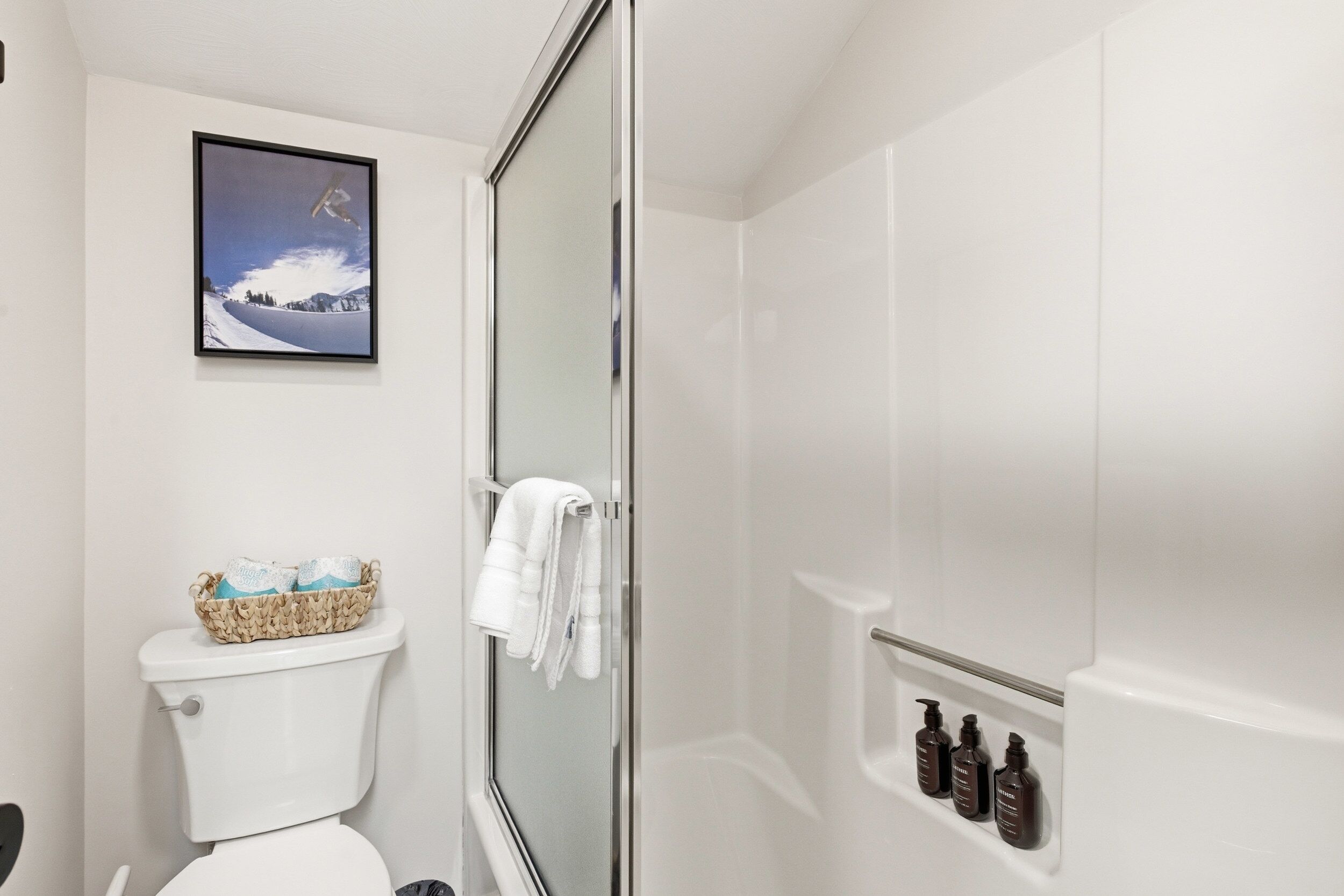 A bathroom with a glass shower enclosure, a toilet, a framed picture on the wall, and toiletries on the wall.