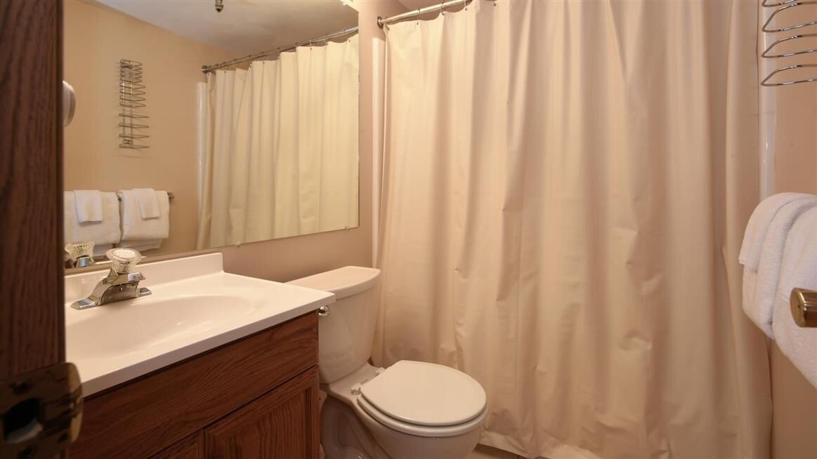 A bathroom with a sink, toilet, and shower curtain.