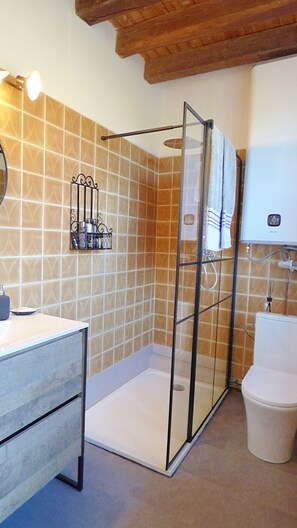 Shower, hair dryer, towels, soap