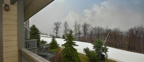 A balcony with a view of a snow-covered yard and bare trees.