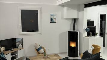 Televisie, een open haard en boeken