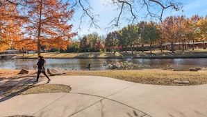 A park with a pond, trees with autumn foliage, and a person walking.
