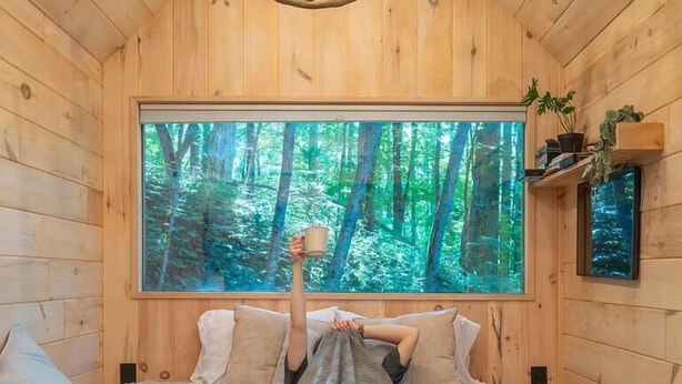 A cozy wooden cabin bedroom with a large bed, a view of a forest through a window, and a chandelier. - The Twig, Outdoor Shower, Deck, and Cozy Chimney! (Sylva)