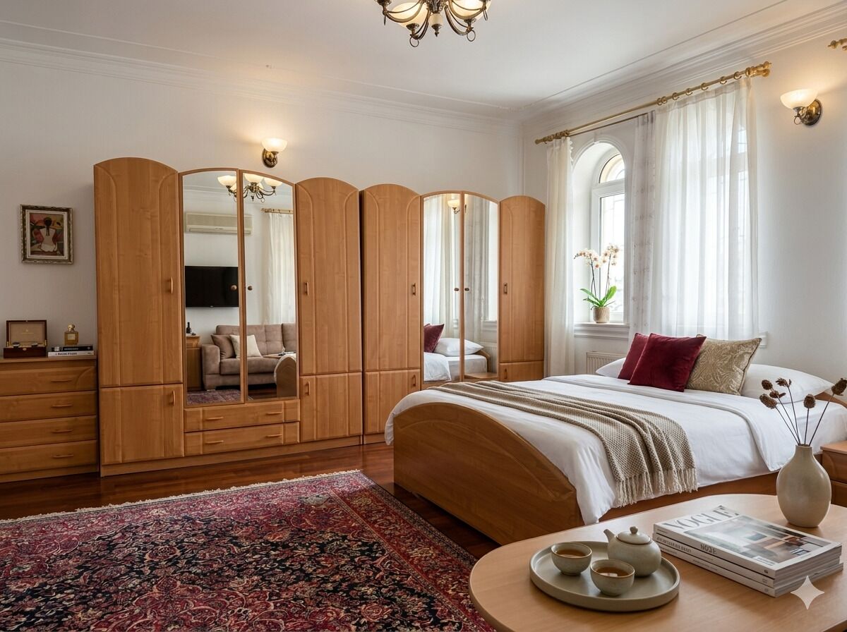 Un dormitorio con una cama grande, un armario de madera, una mesita de noche con un jarrón y libros, y una ventana con cortinas.