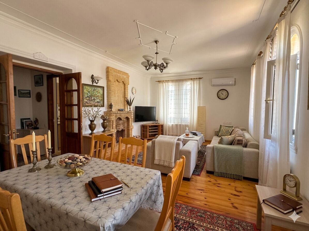 A cozy living room with a dining area, wooden flooring, a chandelier, and a television.