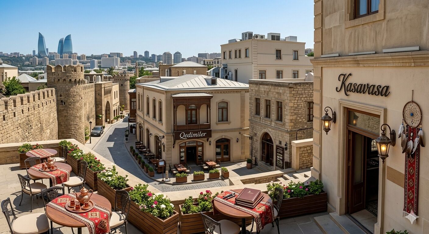 A courtyard with outdoor seating, a building labeled 'Qedimiler,' and a view of the cityscape in the background.