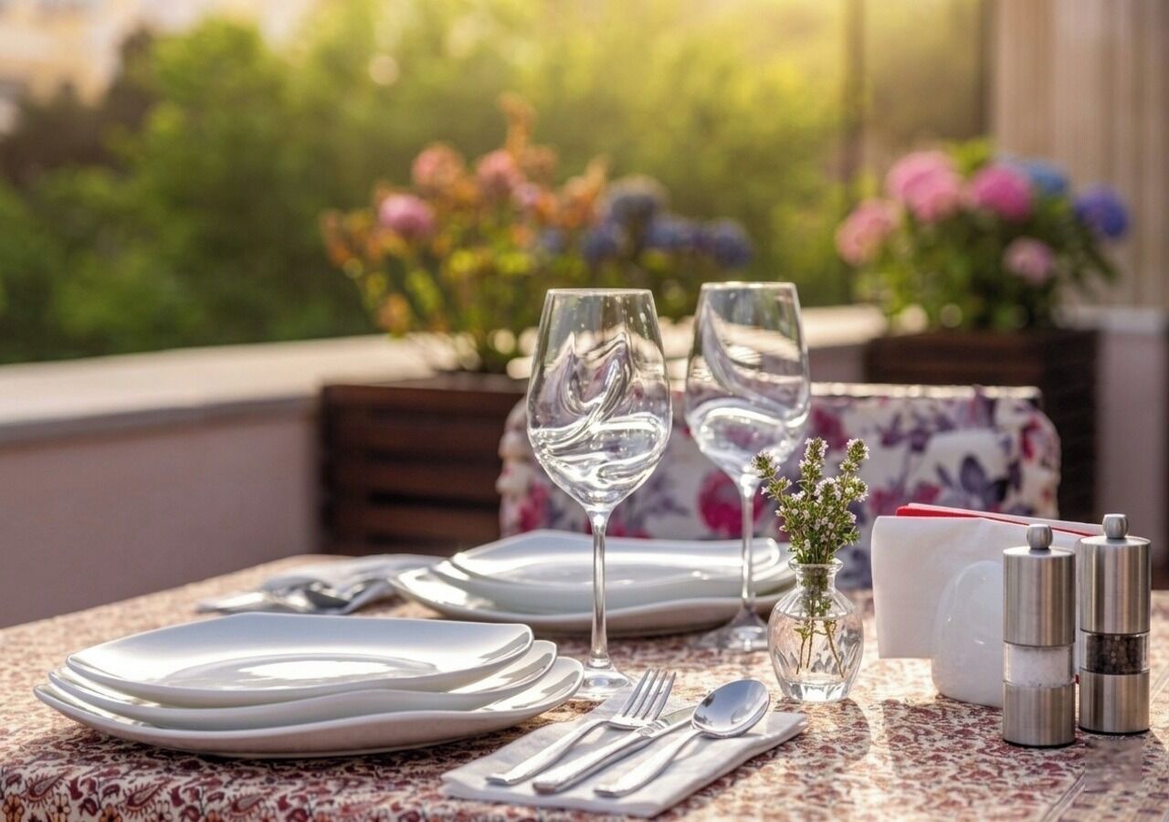 Una tavola apparecchiata con piatti, posate, bicchieri, e saliera e pepe, con un vaso di fiori e un libro sullo sfondo.