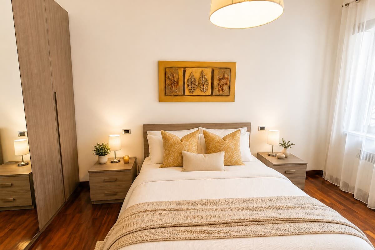 A neatly arranged bedroom with a large bed, bedside tables with lamps, a wall-mounted artwork, and a wooden wardrobe.