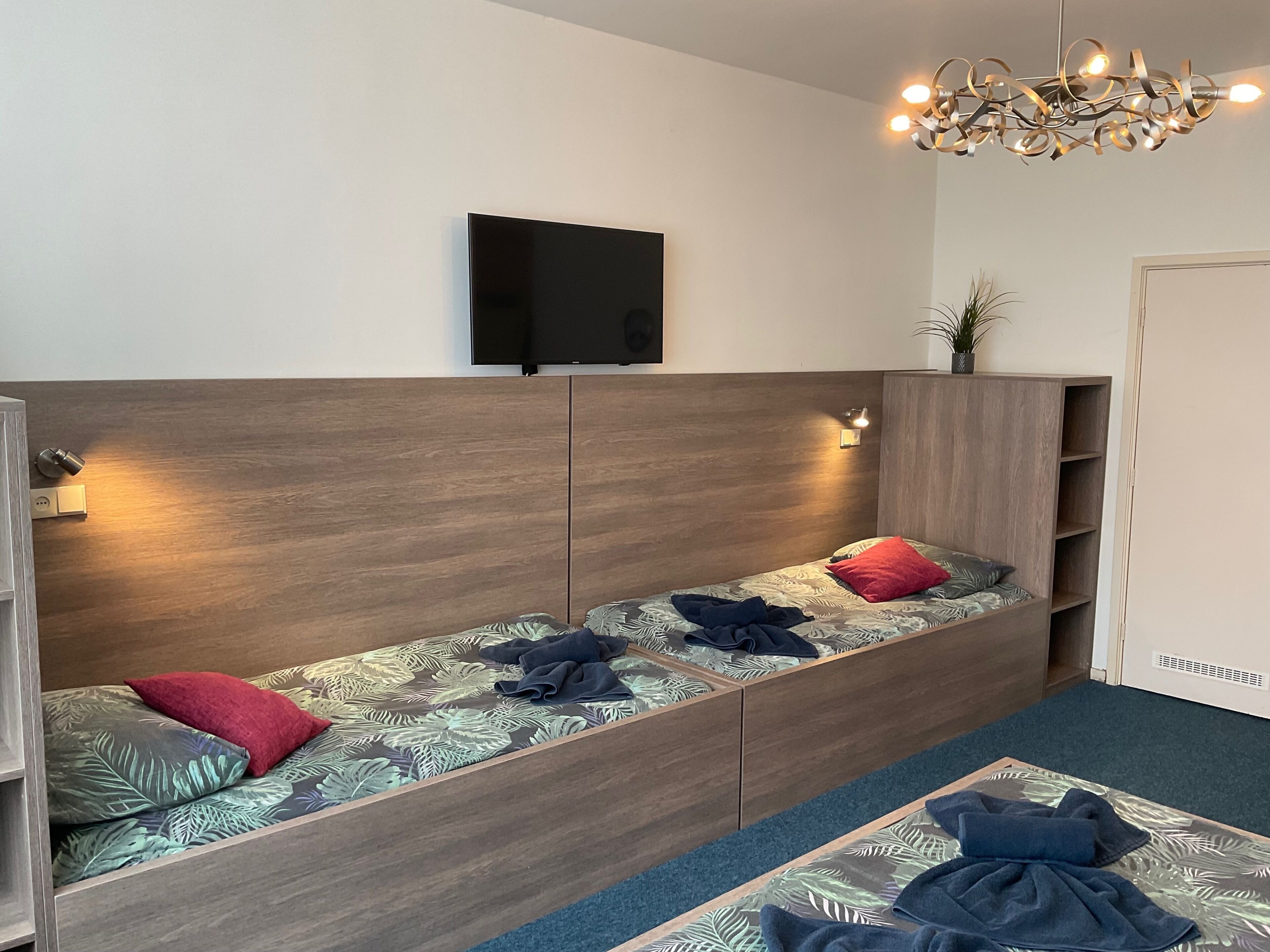 Quarto com cama, televisão na parede, lustre e planta em vaso.