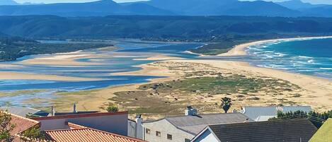 A coastal view with houses and a beach.