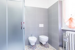A bathroom with a shower, a bidet, a toilet, and a radiator.