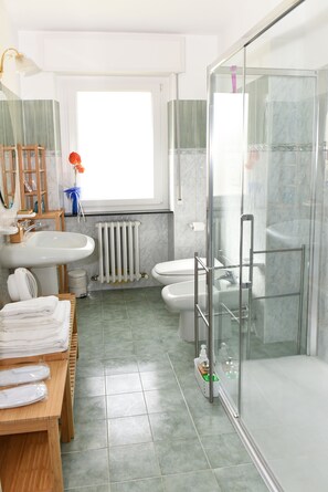 Douche, sèche-cheveux, bidet, serviettes fournies