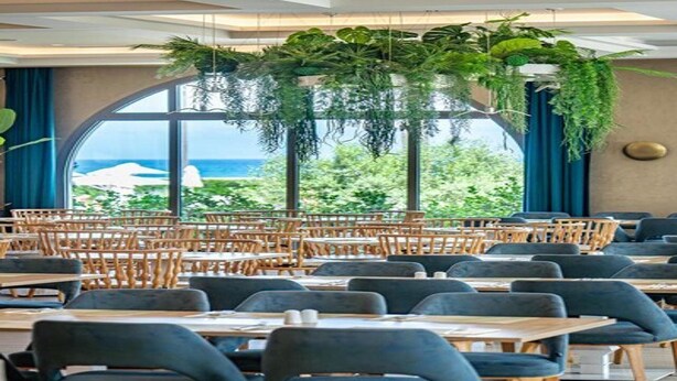 A restaurant with tables and chairs, large windows, and hanging plants. - Almyros Beach Resort & SPA (Corfu)