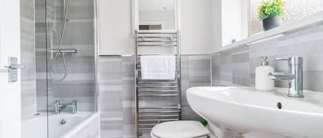 Hair dryer, towels, soap
