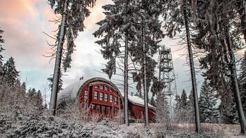 Un edificio rojo rodeado de altos árboles cubiertos de nieve.