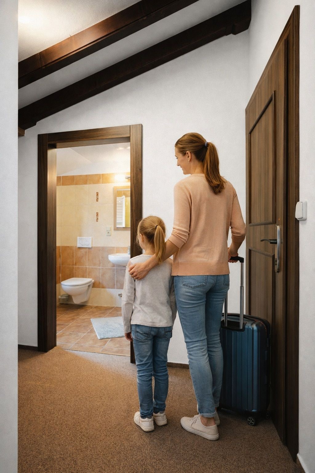 Un couloir avec une porte en bois, une valise et un enfant.