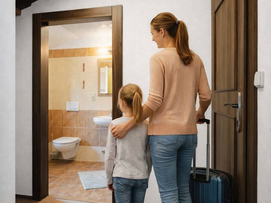 Ein Flur mit einer Holztür, einem Koffer und einem Kind.