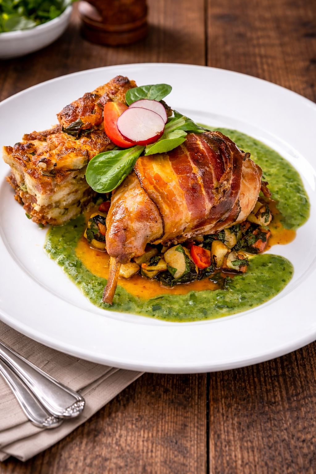 A plate of food with a stuffed chicken leg, a slice of bread, and a green sauce.