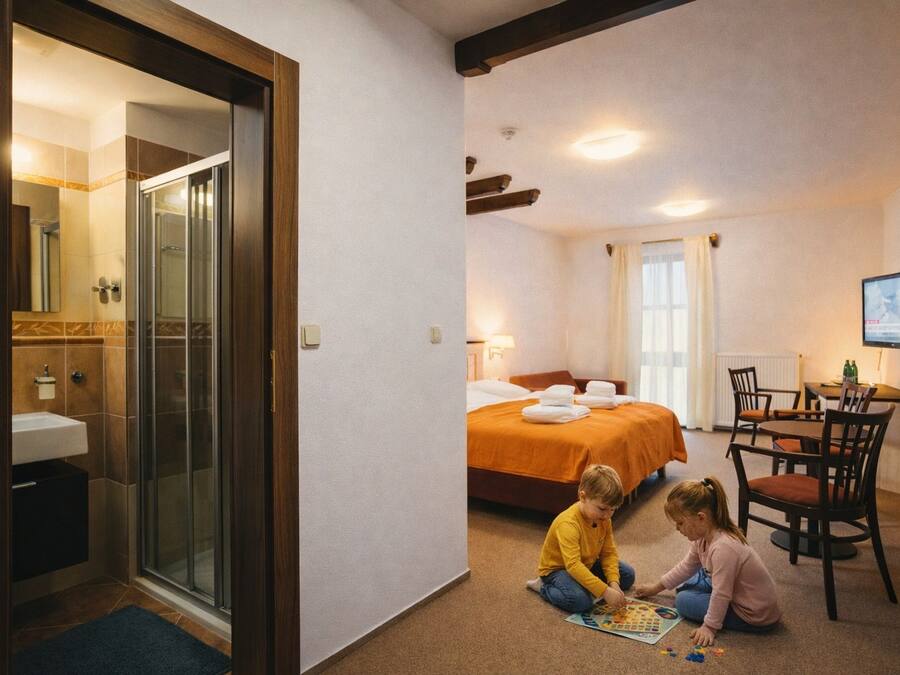 A hotel room with a glass-enclosed shower, a bed with an orange bedspread, a dining area with chairs, and a television on the wall.