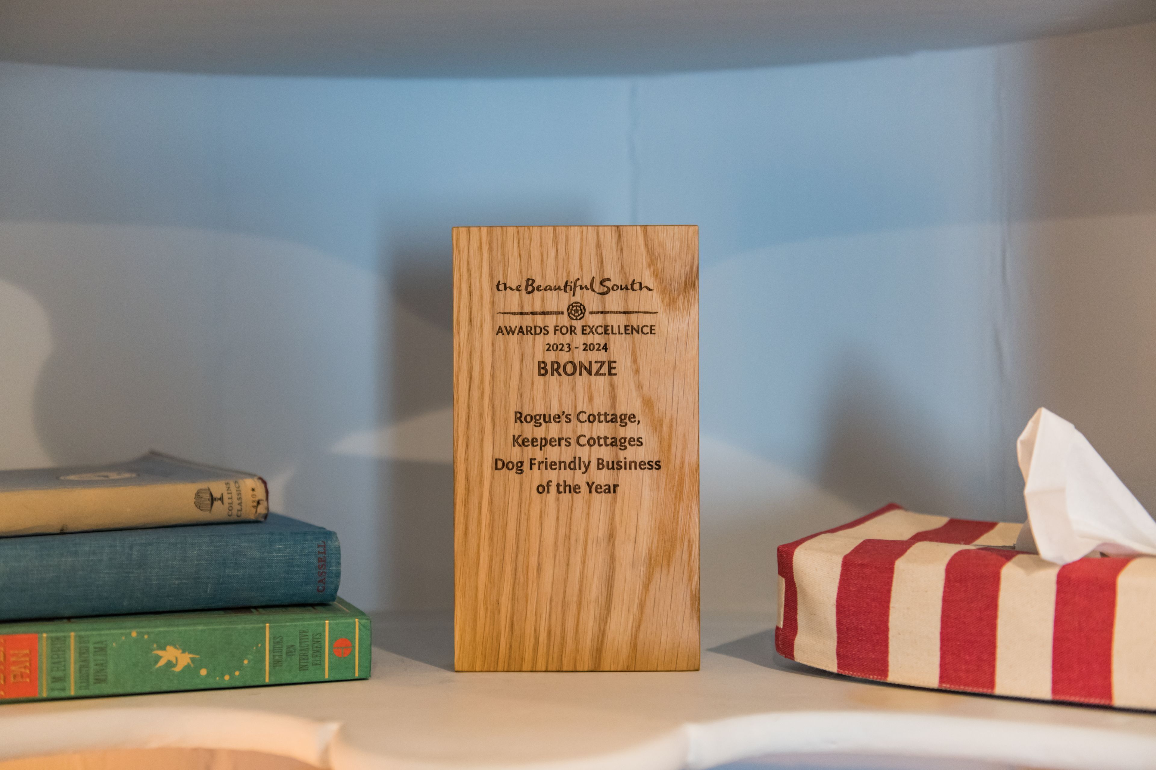 A wooden plaque with text on a shelf, surrounded by books and a tissue box.