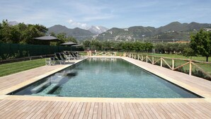 Une piscine rectangulaire dotée d’une terrasse en bois, entourée d’une clôture en bois et ombragée par des parasols.