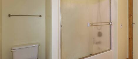 A bathroom with a toilet, a shower enclosure, and a wooden door.
