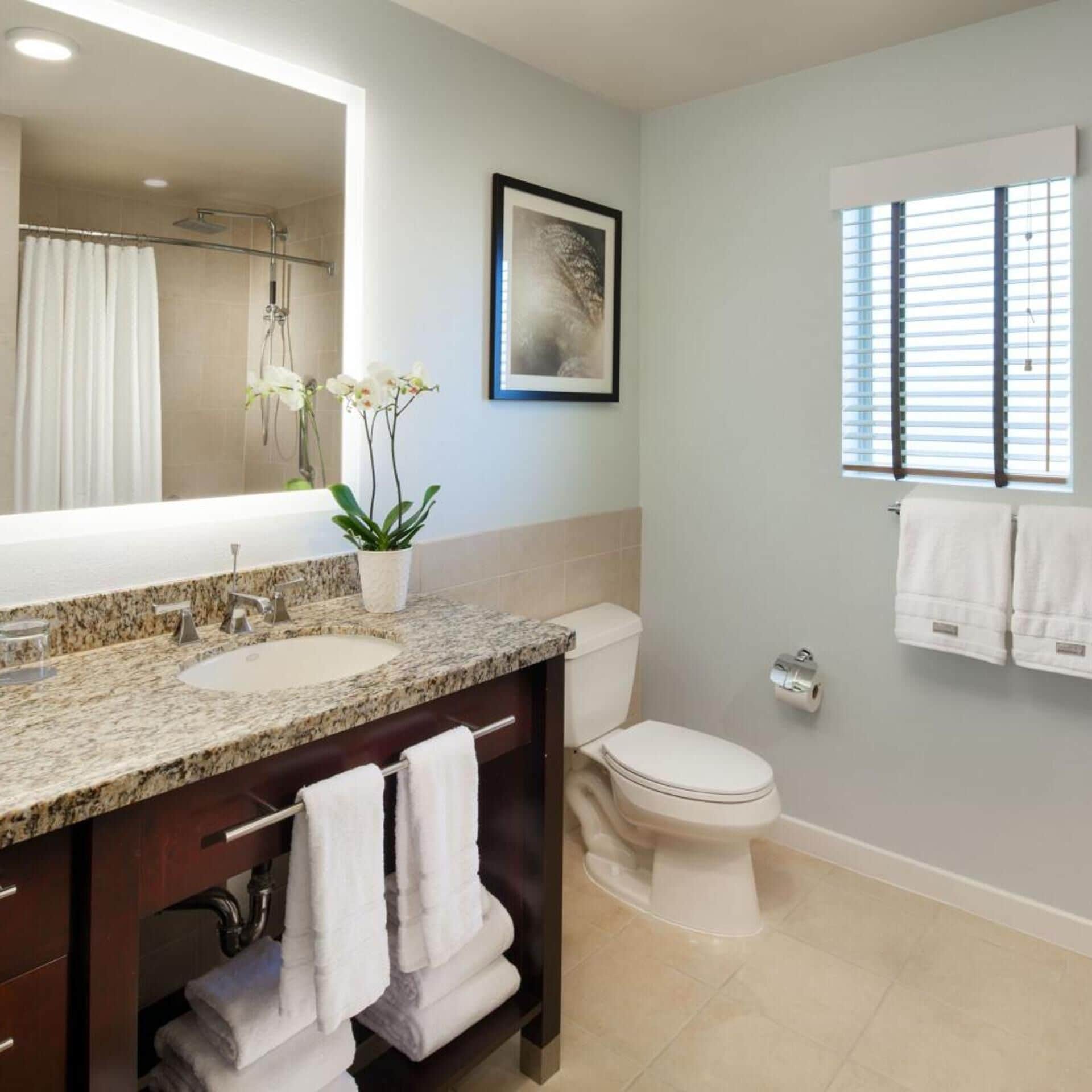 A bathroom with a granite countertop sink, a toilet, a shower, and a window with blinds.