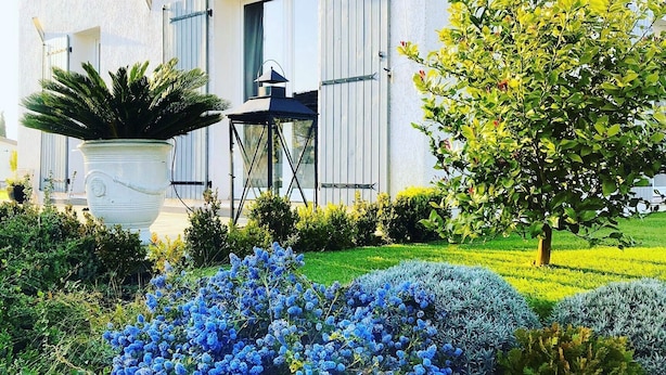 Ein weißes Gebäude mit Fensterläden, einem großen Pflanzkübel und einem Garten mit blauen Blumen.