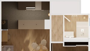 A hotel room with a bed, a desk, a chair, a small table with a fruit bowl, and a sofa. - Renovated apartment Brise Marine II near the beach and close to St-Tropez (Gassin)