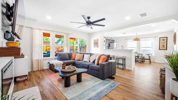 Smart TV, fireplace, books, stereo