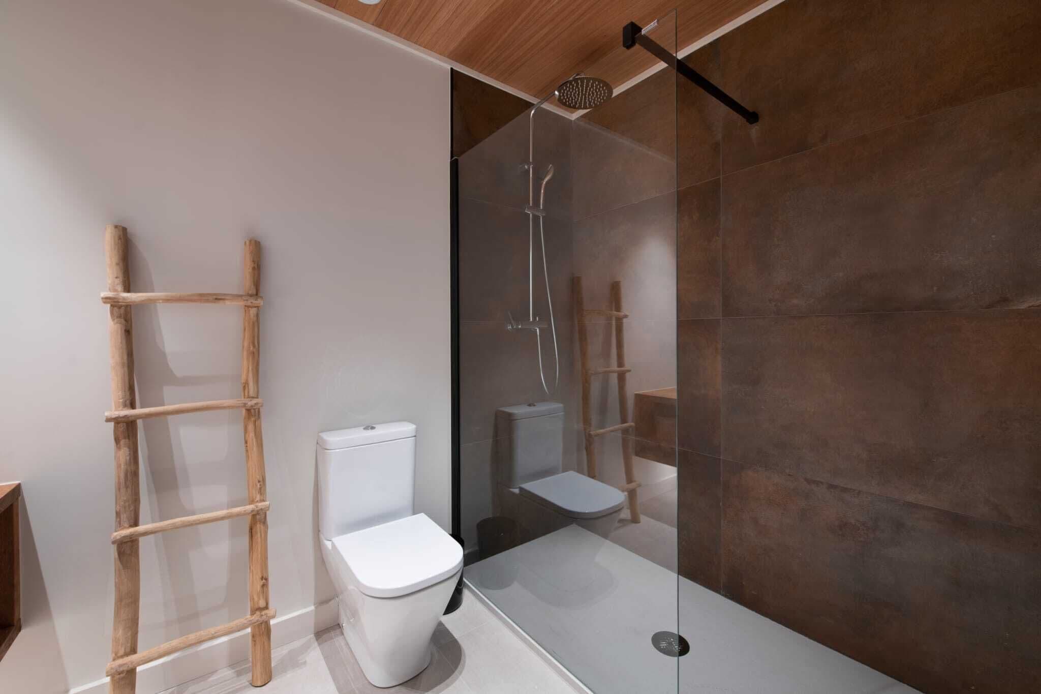A modern bathroom with a glass-enclosed shower, a wooden ladder, and a white toilet.