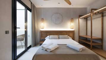 A modern hotel room with a large bed, a ceiling fan, a large window, and a view of the outdoors.