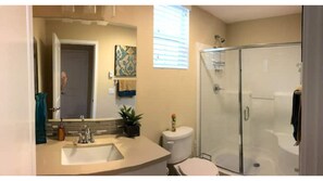 Hair dryer, towels, soap, shampoo