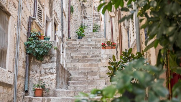 A narrow stone staircase in a historic building with potted plants on the steps and walls. - Live Laugh Love Dubrovnik luxury rooms (Dubrovnik)