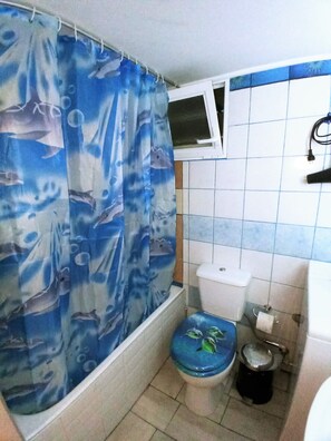 Een haardroger, handdoeken, zeep, shampoo