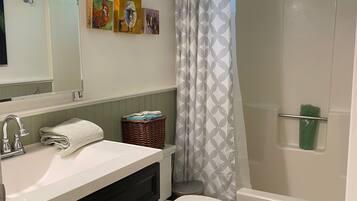 Hair dryer, towels, soap, shampoo