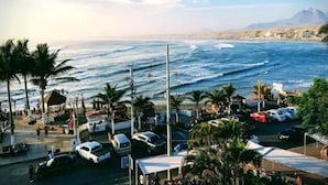 Vista costeira com uma praia, carros estacionados e palmeiras.