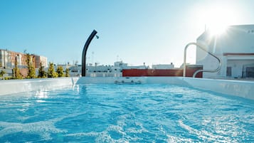 Seasonal outdoor pool, open 10:30 AM to 8:00 PM, sun loungers