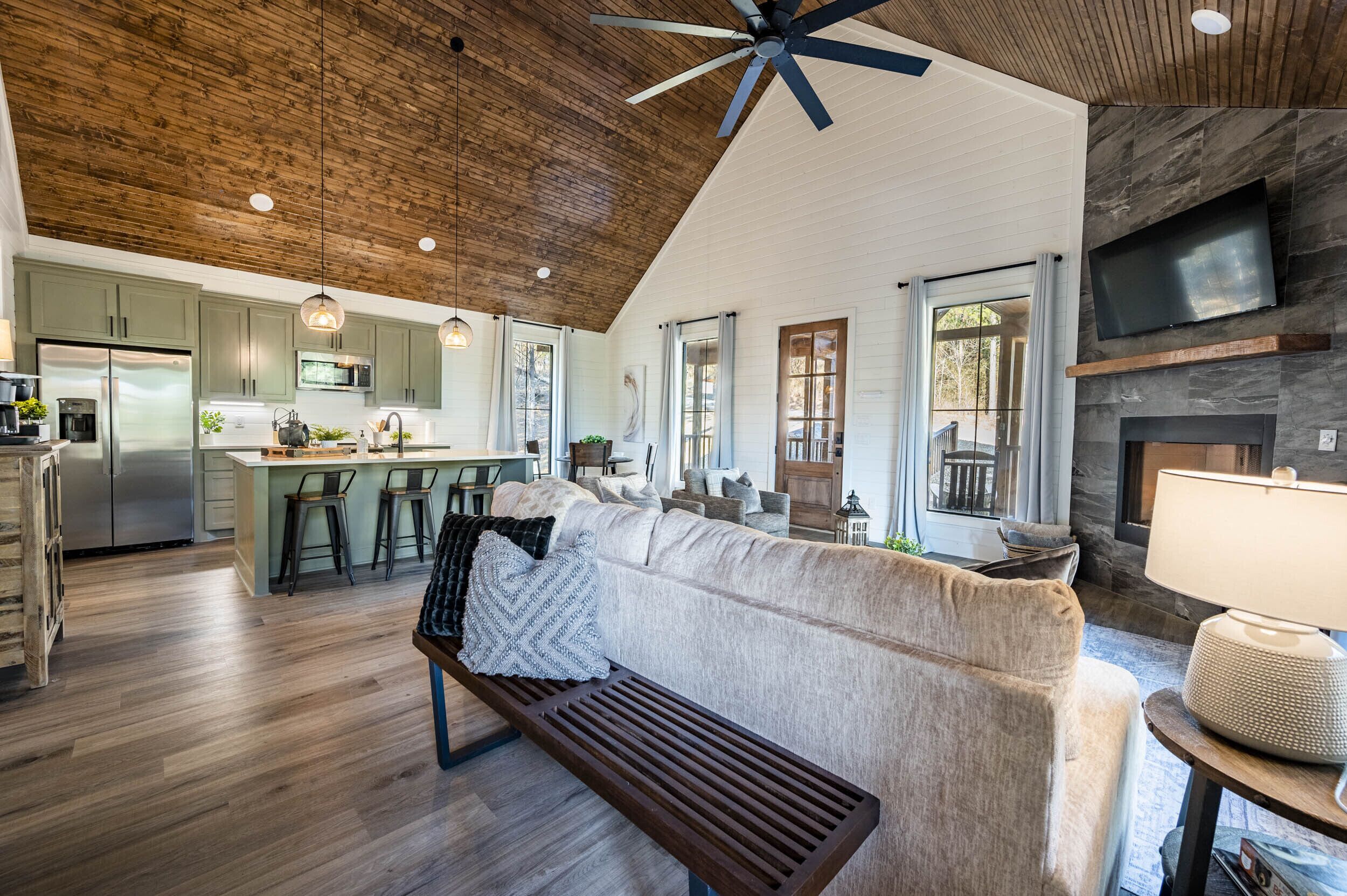 Smart TV, fireplace, books