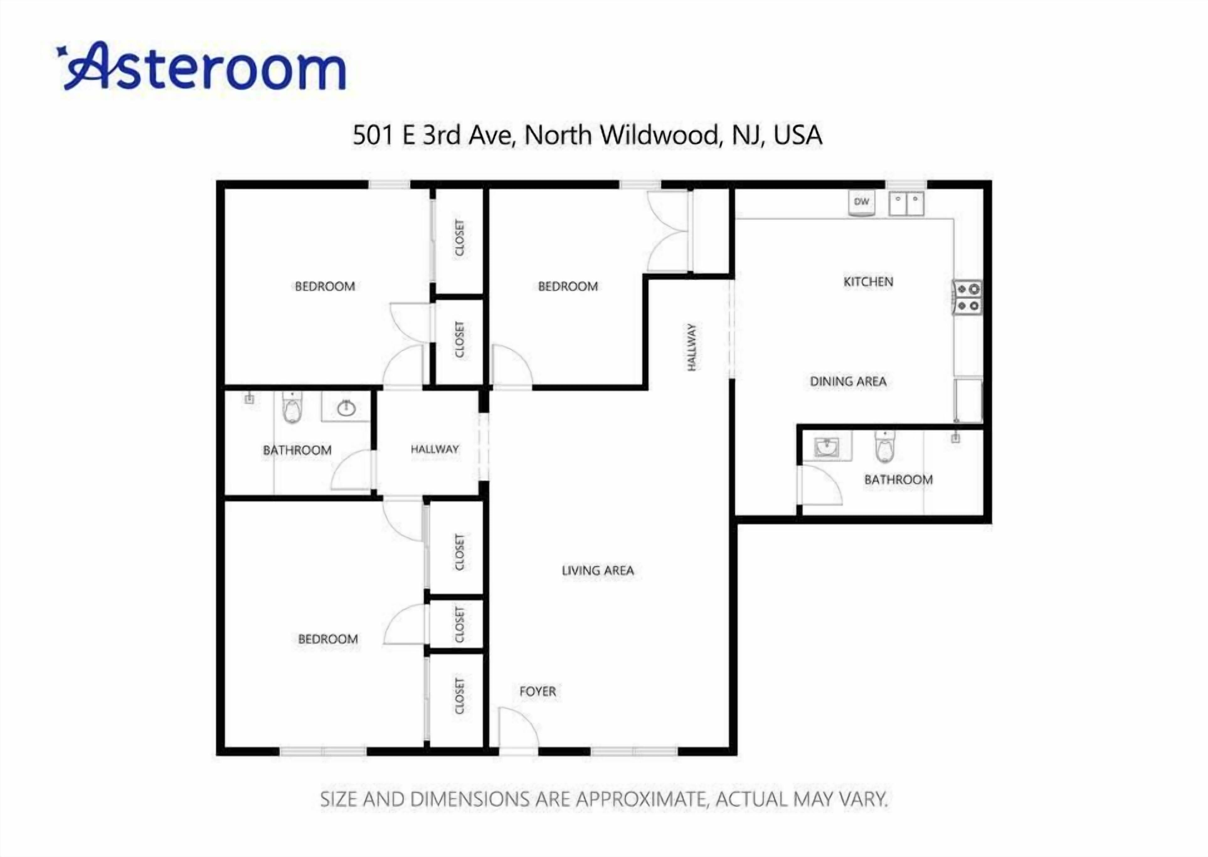 A floor plan of a 501 E 3rd Ave, North Wildwood, NJ, USA apartment, including bedrooms, a living area, kitchen, dining area, and a foyer.