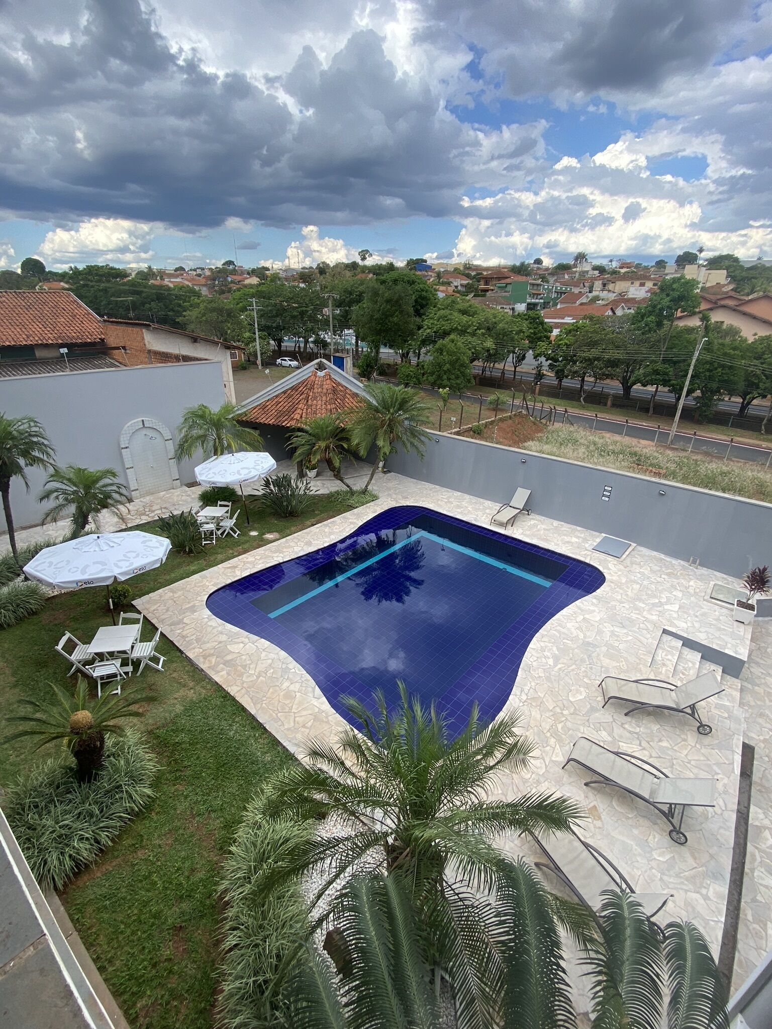 Une piscine bordée de pierres, entourée d’une pelouse agrémentée de palmiers et offrant une vue sur un quartier résidentiel.